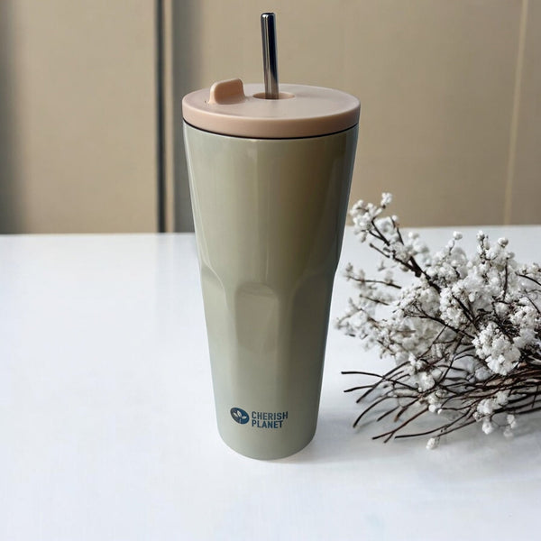 Cherish Planet Beige Thermos Cup with Built-in Straw 700ml - Large Capacity, Leak-Proof, Stylish