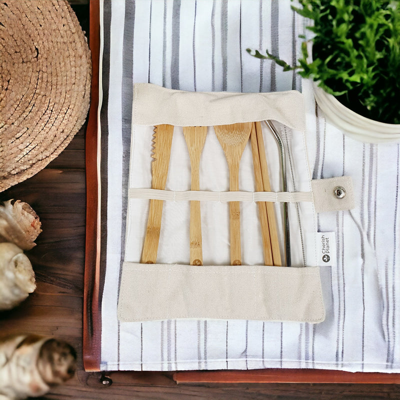 Bamboo & Steel Portable Cutlery Set & Pouch