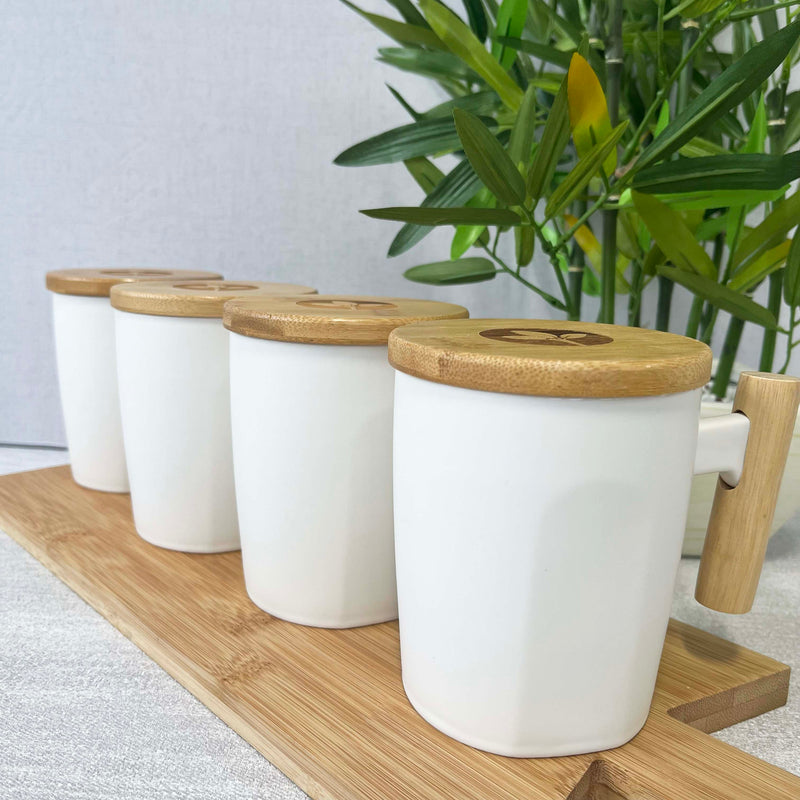 Ceramic White Cup with Bamboo Handle and Removable Lid (480ml)
